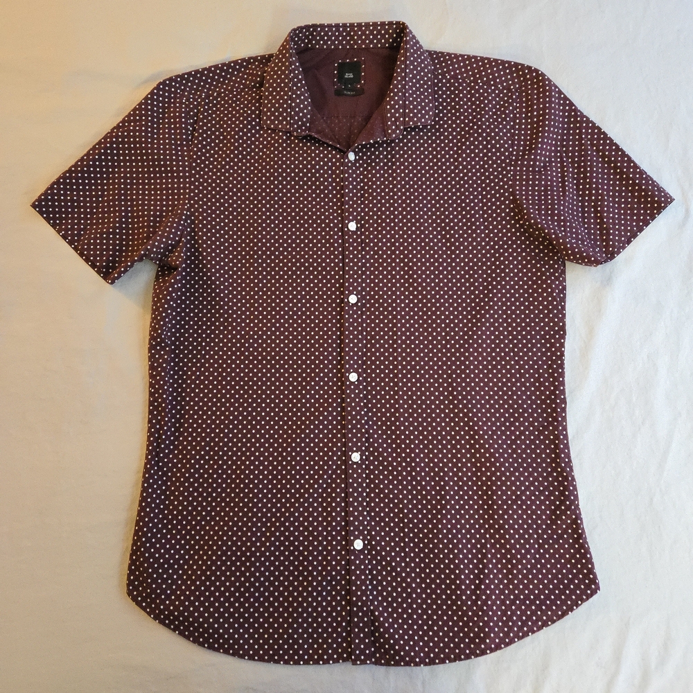River Island Maroon Slim Fit Polka Dot Button Down Short Sleeve Shirt HAL3